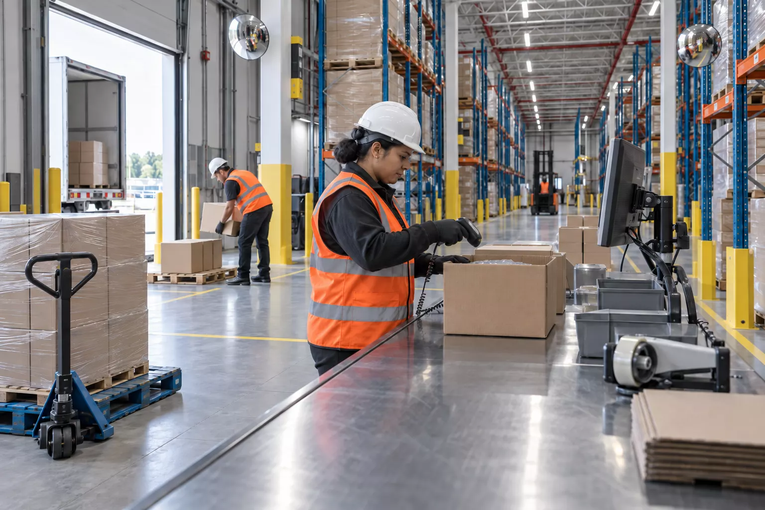 A checker scans a box with a barcode reader at the receiving bench, with a truck docked in the background.