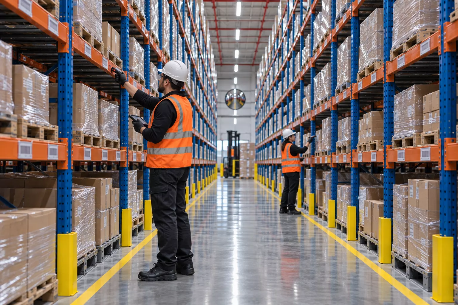 An operator checks a rack location during a warehouse inventory count.