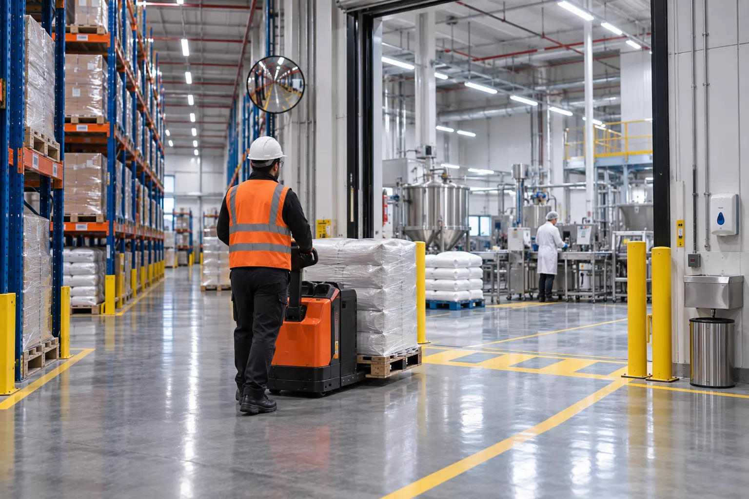 Operador com paleteira levando material para a linha de produção