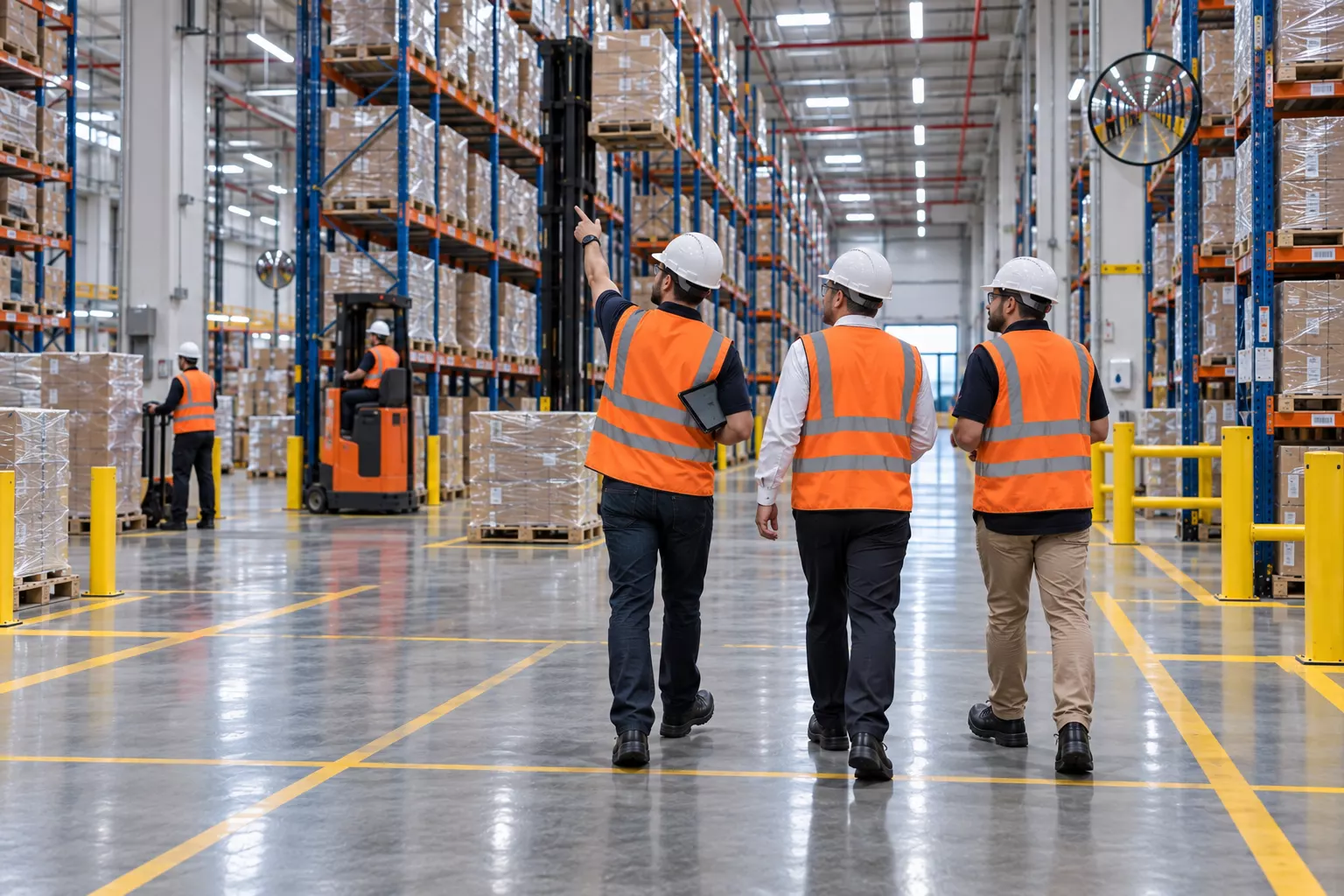 Consultores observando a operação entre os porta-paletes