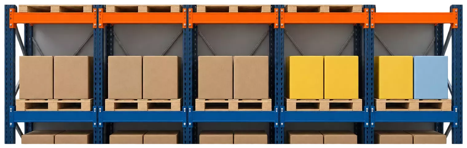 Porta-paletes com cada item sempre na mesma posição