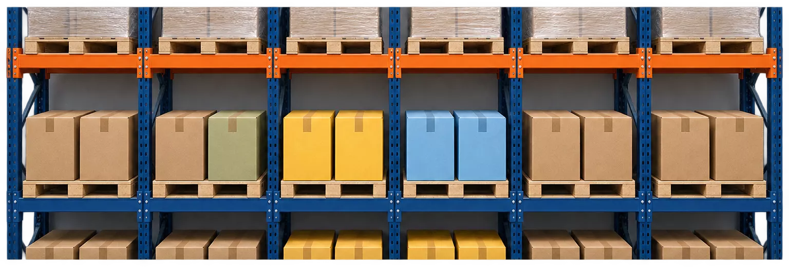 Porta-paletes com itens distribuídos em posições livres