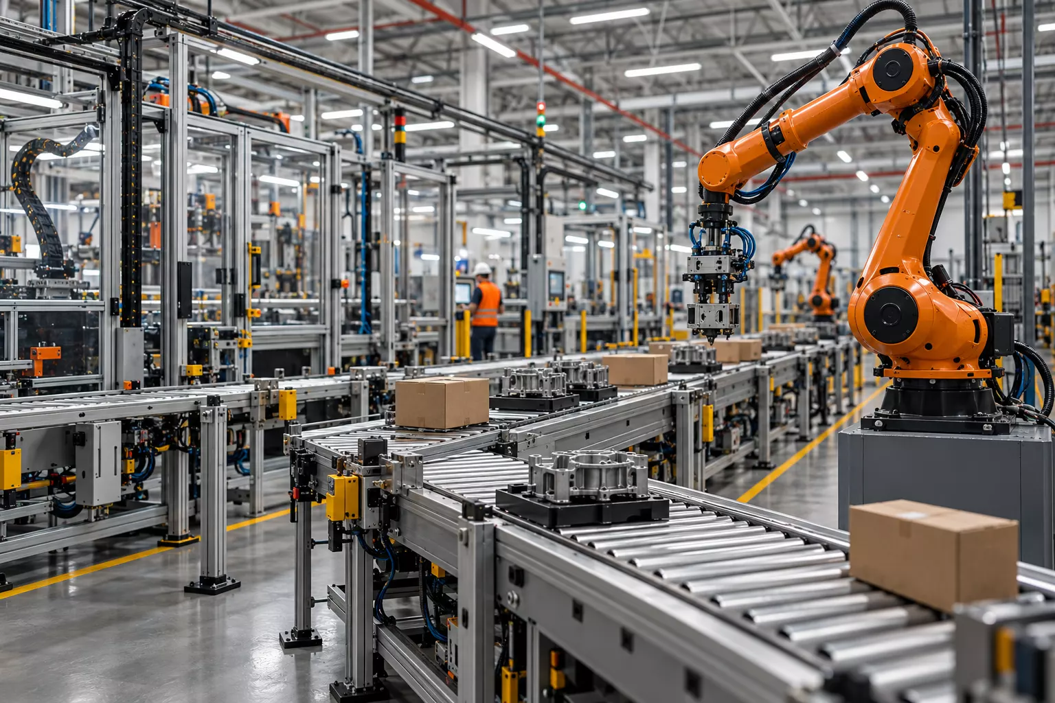 Linha de produção com braço robótico e esteira de caixas