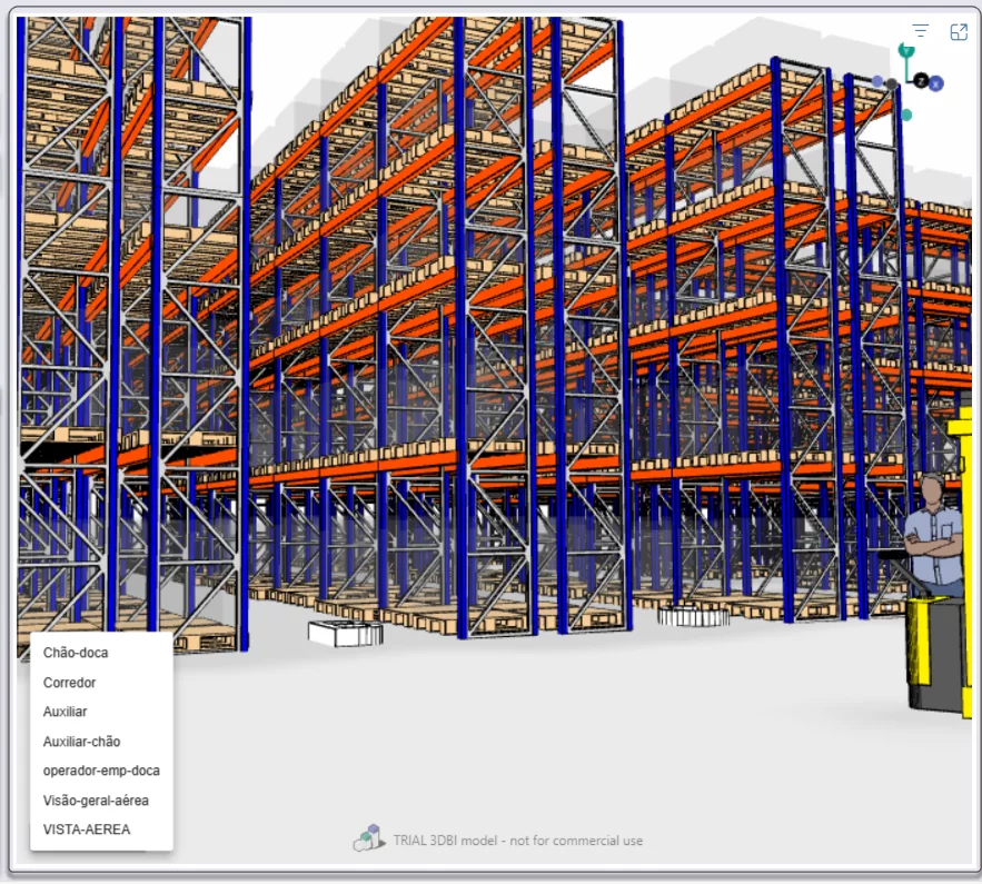 Captura do XC 3D: porta-paletes vistos do chão, com empilhadeira e operador