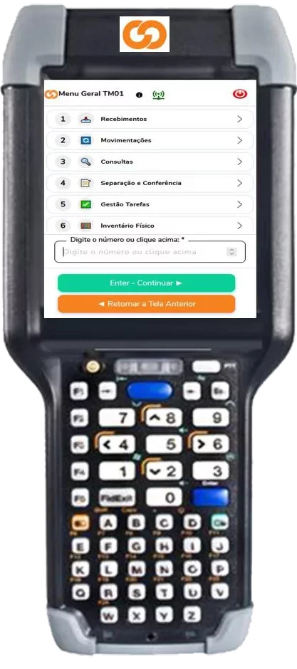 Coletor de dados com o menu geral do XC WMS na tela