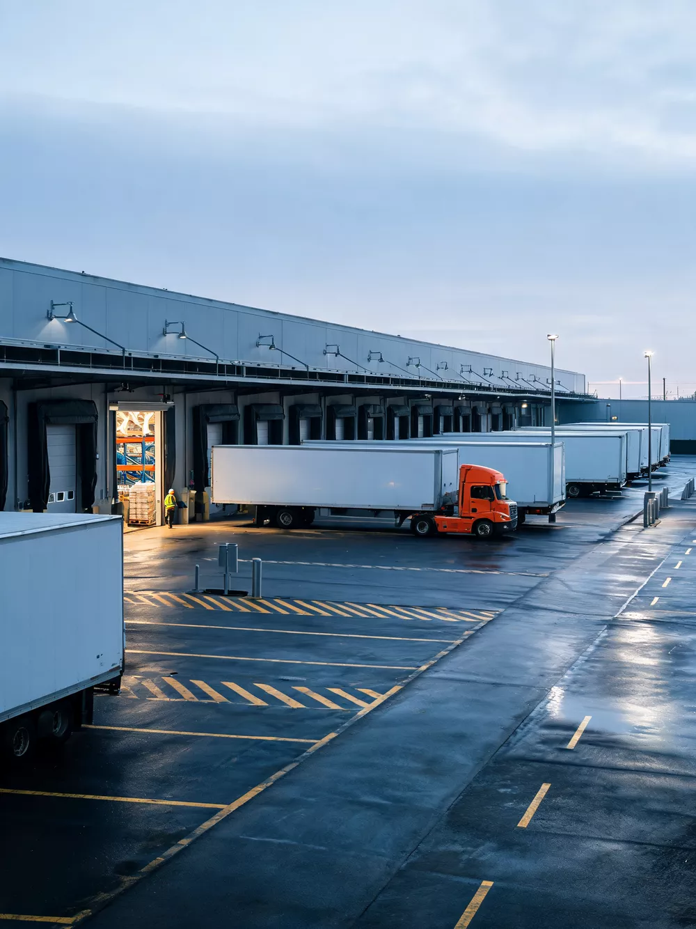 Línea de muelles de un centro de distribución con tráileres estacionados y el patio mojado al amanecer.